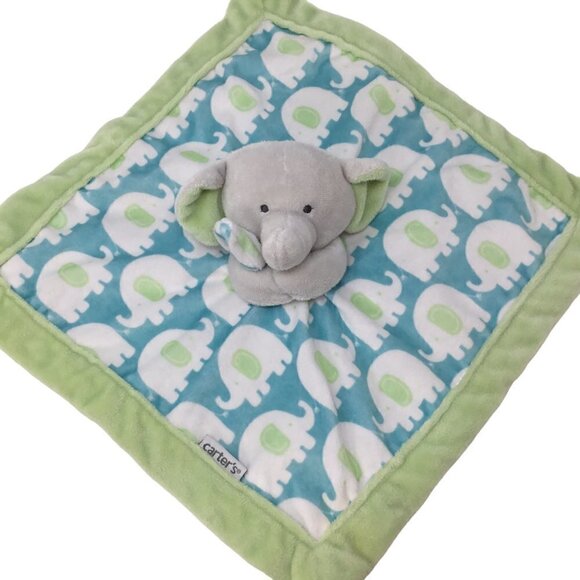 Carters Gray Elephant Hugger Blue Green Lovey Security Blanket Plush Toy Comfort - Picture 2 of 7